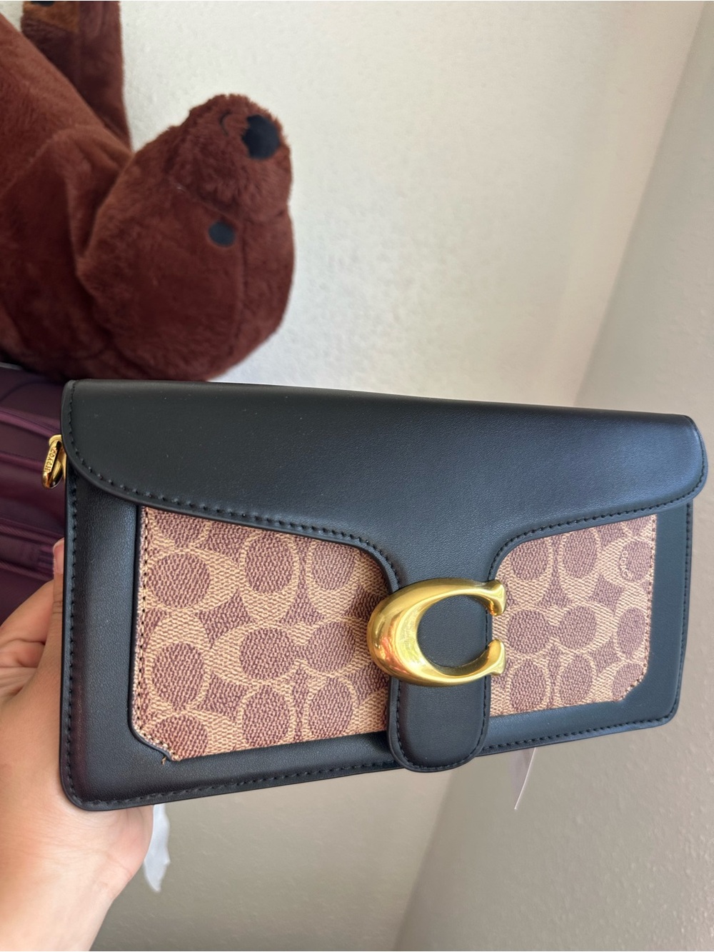 Coach Black Leather and Signature Tan Crossbody Clutch with Gold 'C' Accent
